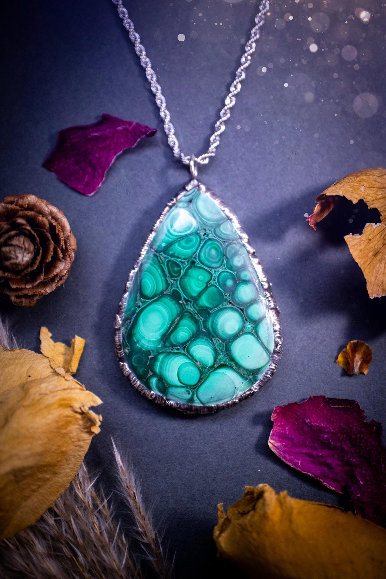 Handcrafted and stunning, large malachite crystal pendant necklace. This pendant has been made using the soft solder technique with lead free solder. A one of a kind piece that is full of gothic vibes and crystal healing, the ideal gift for her