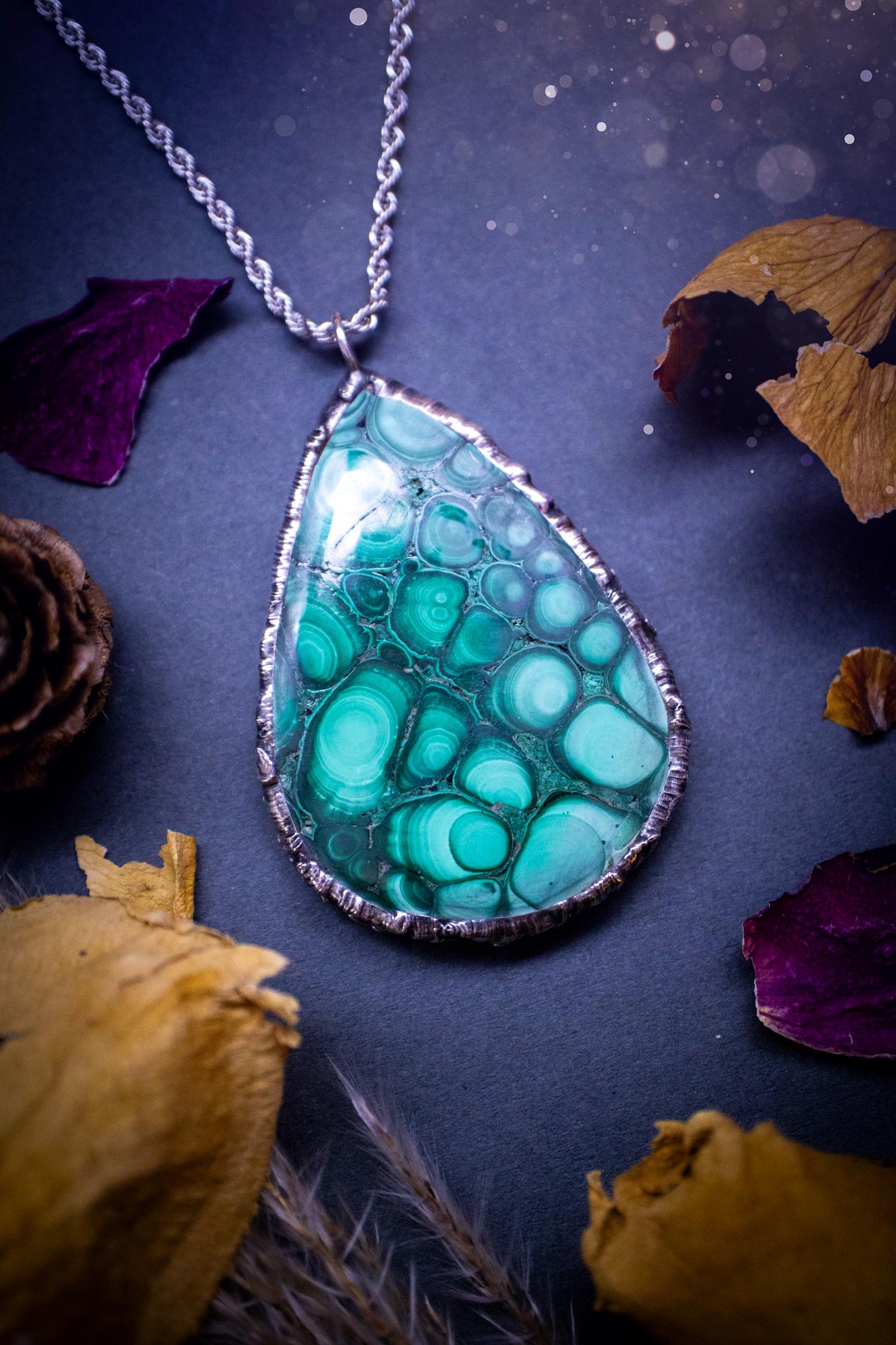 Handcrafted and stunning, large malachite crystal pendant necklace. This pendant has been made using the soft solder technique with lead free solder. A one of a kind piece that is full of gothic vibes and crystal healing, the ideal gift for her