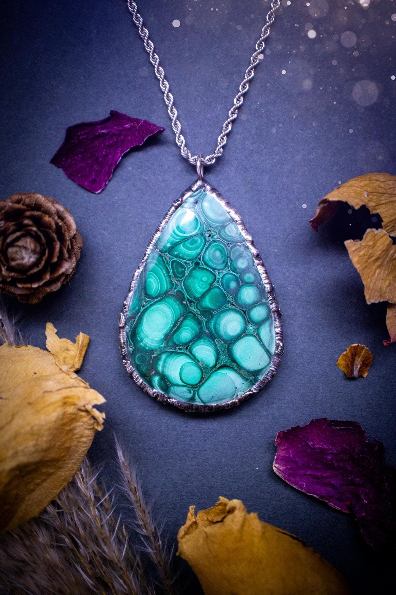 Handcrafted and stunning, large malachite crystal pendant necklace. This pendant has been made using the soft solder technique with lead free solder. A one of a kind piece that is full of gothic vibes and crystal healing, the ideal gift for her