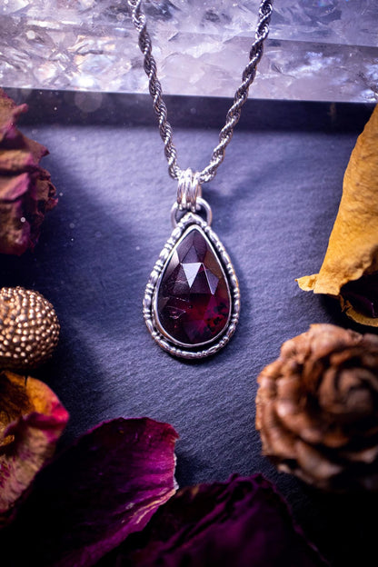 Handcrafted, one of a kind, sterling silver, garnet crystal pendant necklace. This necklace has been made using a beautiful rose cut garnet gemstone, with a minimal dainty design using recycled sterling silver. Ideal gift for crystal lovers. Gothic