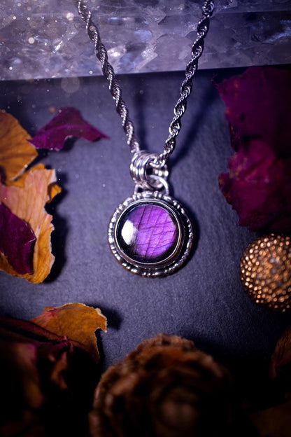 Beautifully handcrafted, dainty, deep purple  Labradorite spectrolite pendant necklace. This circular labradorite is full of stunning colour and patterns which has been made into a pendant using recycled sterling silver. Crystal gifts, gothic, hippy