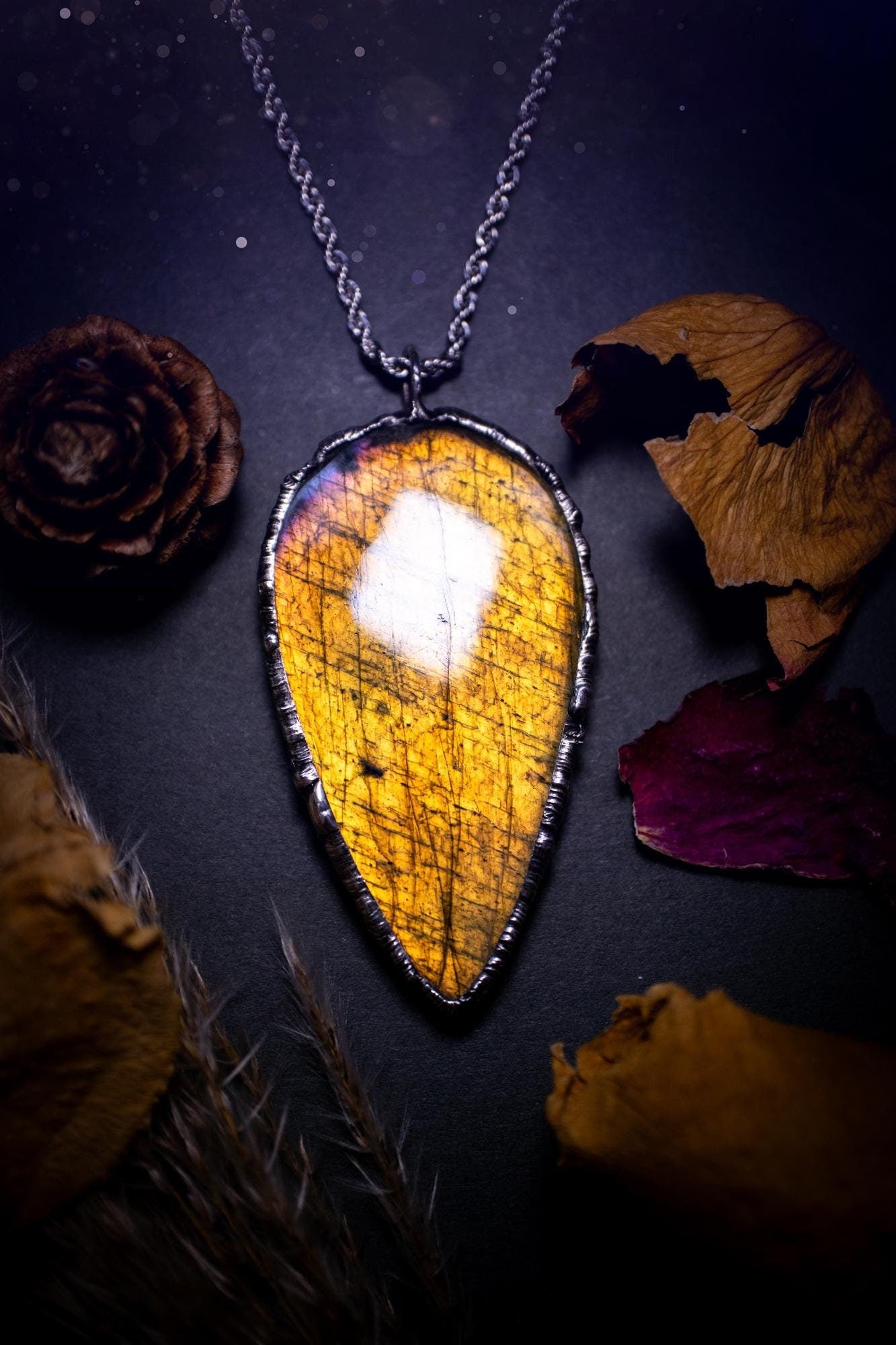 Beautiful and handmade, very flashy golden yellow, green and pink autumn labradorite pendant necklace. This necklace has been created using the soft solder method also known as the tiffany technique. A stunning crystal jewellery piece for gifts.