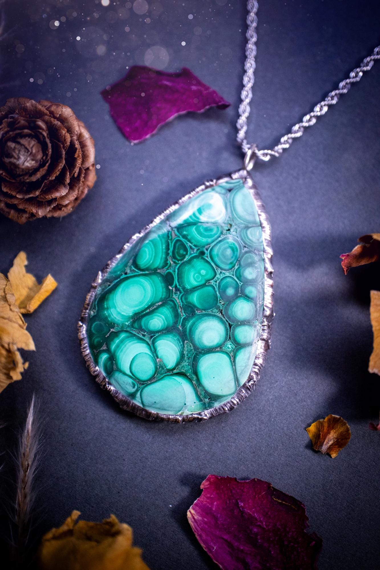 Handcrafted and stunning, large malachite crystal pendant necklace. This pendant has been made using the soft solder technique with lead free solder. A one of a kind piece that is full of gothic vibes and crystal healing, the ideal gift for her