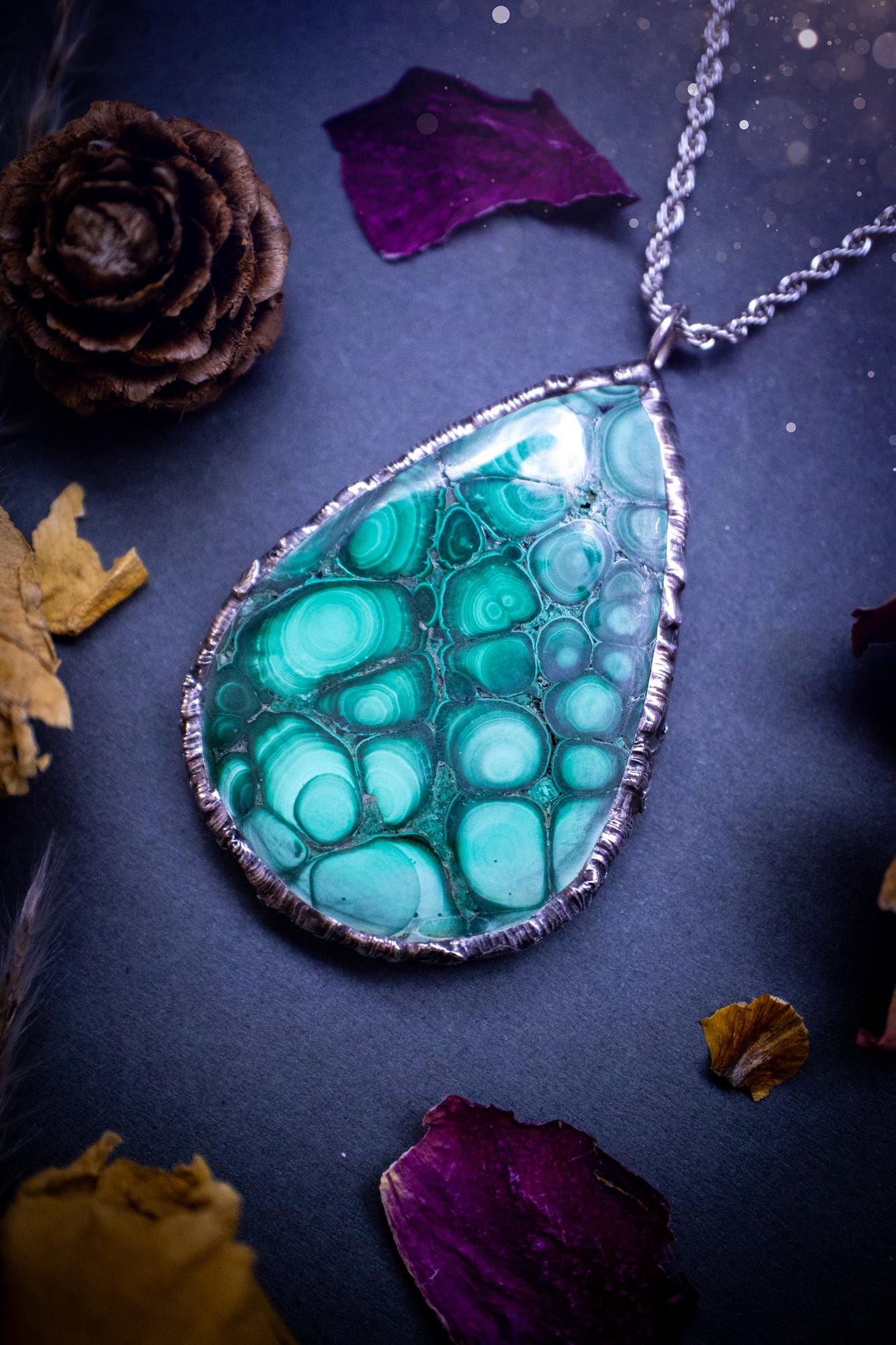 Handcrafted and stunning, large malachite crystal pendant necklace. This pendant has been made using the soft solder technique with lead free solder. A one of a kind piece that is full of gothic vibes and crystal healing, the ideal gift for her