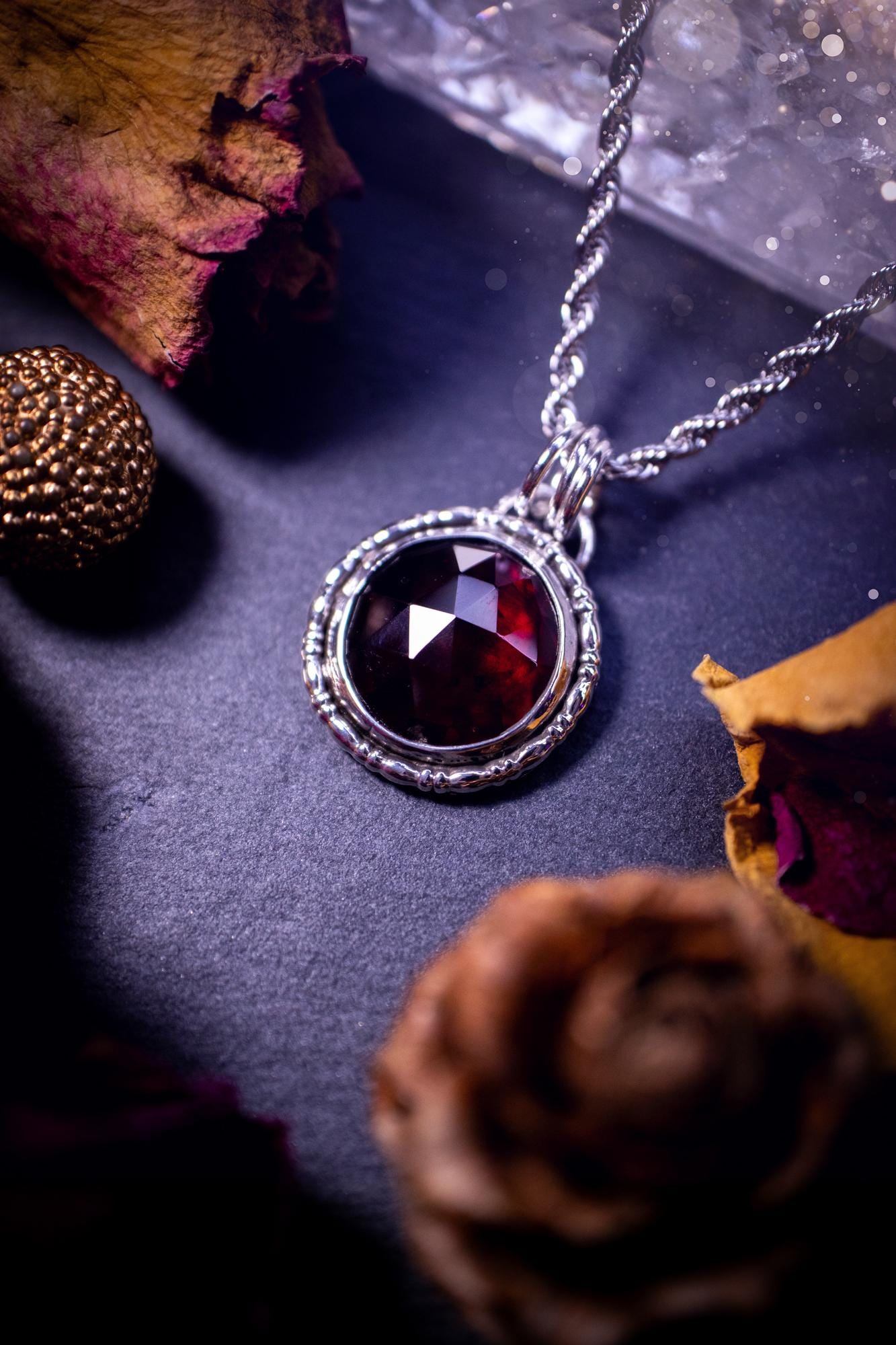 Handcrafted, one of a kind, sterling silver, garnet crystal pendant necklace. This necklace has been made using a beautiful rose cut garnet gemstone, with a minimal dainty design using recycled sterling silver. Ideal gift for crystal lovers. Gothic