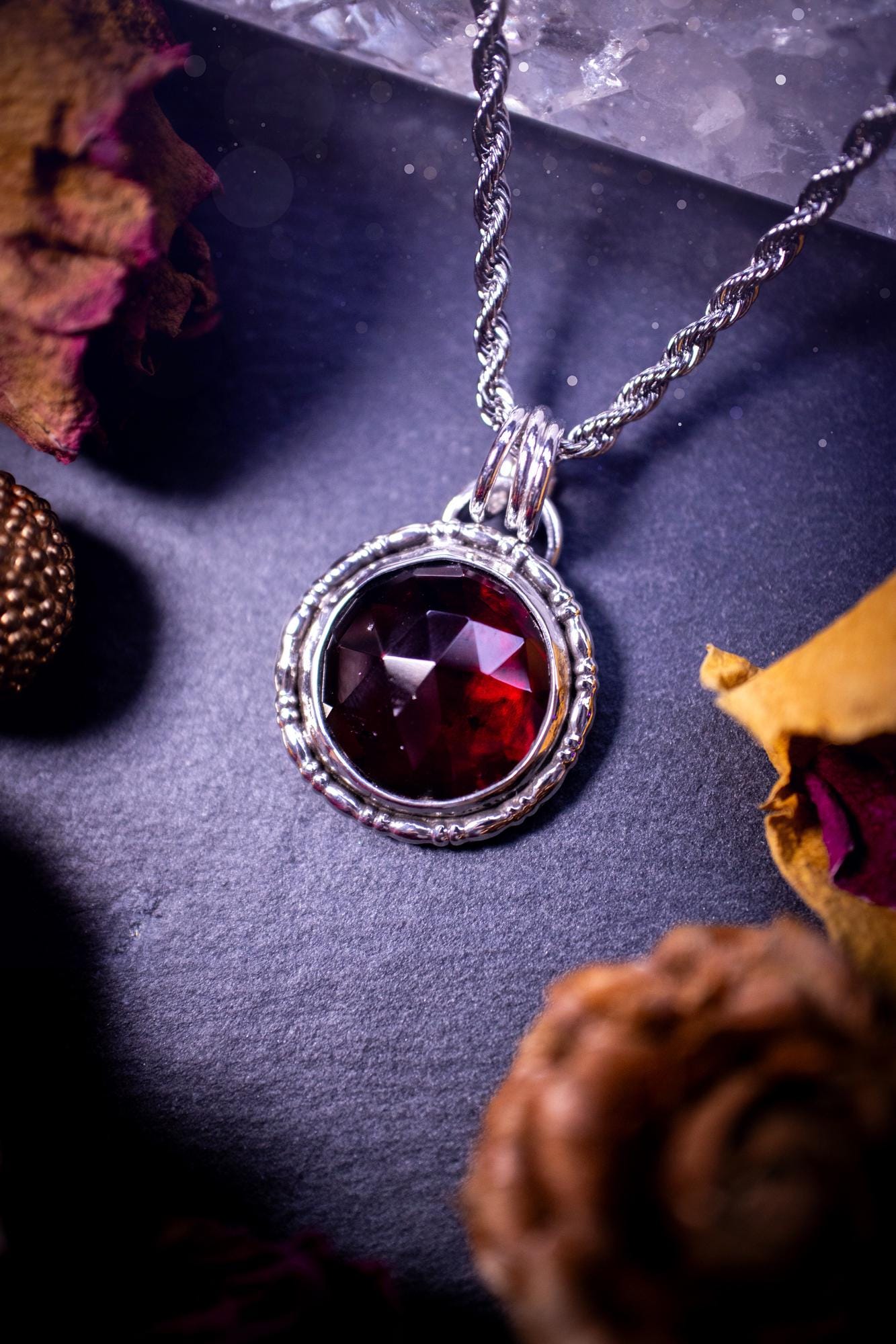 Handcrafted, one of a kind, sterling silver, garnet crystal pendant necklace. This necklace has been made using a beautiful rose cut garnet gemstone, with a minimal dainty design using recycled sterling silver. Ideal gift for crystal lovers. Gothic