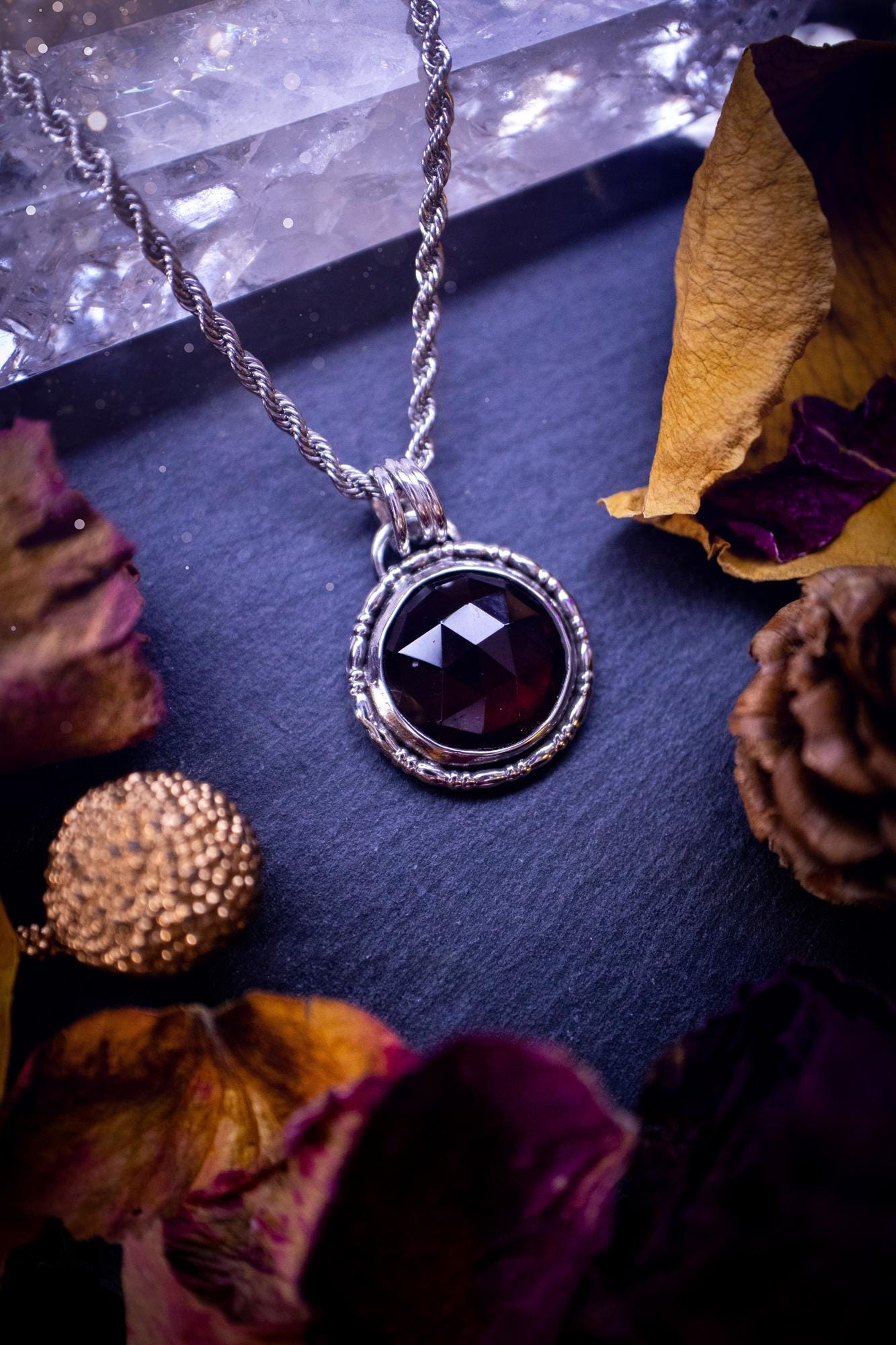 Handcrafted, one of a kind, sterling silver, garnet crystal pendant necklace. This necklace has been made using a beautiful rose cut garnet gemstone, with a minimal dainty design using recycled sterling silver. Ideal gift for crystal lovers. Gothic