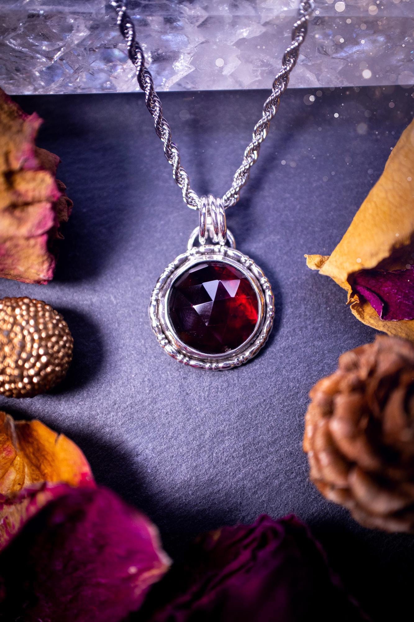 Handcrafted, one of a kind, sterling silver, garnet crystal pendant necklace. This necklace has been made using a beautiful rose cut garnet gemstone, with a minimal dainty design using recycled sterling silver. Ideal gift for crystal lovers. Gothic