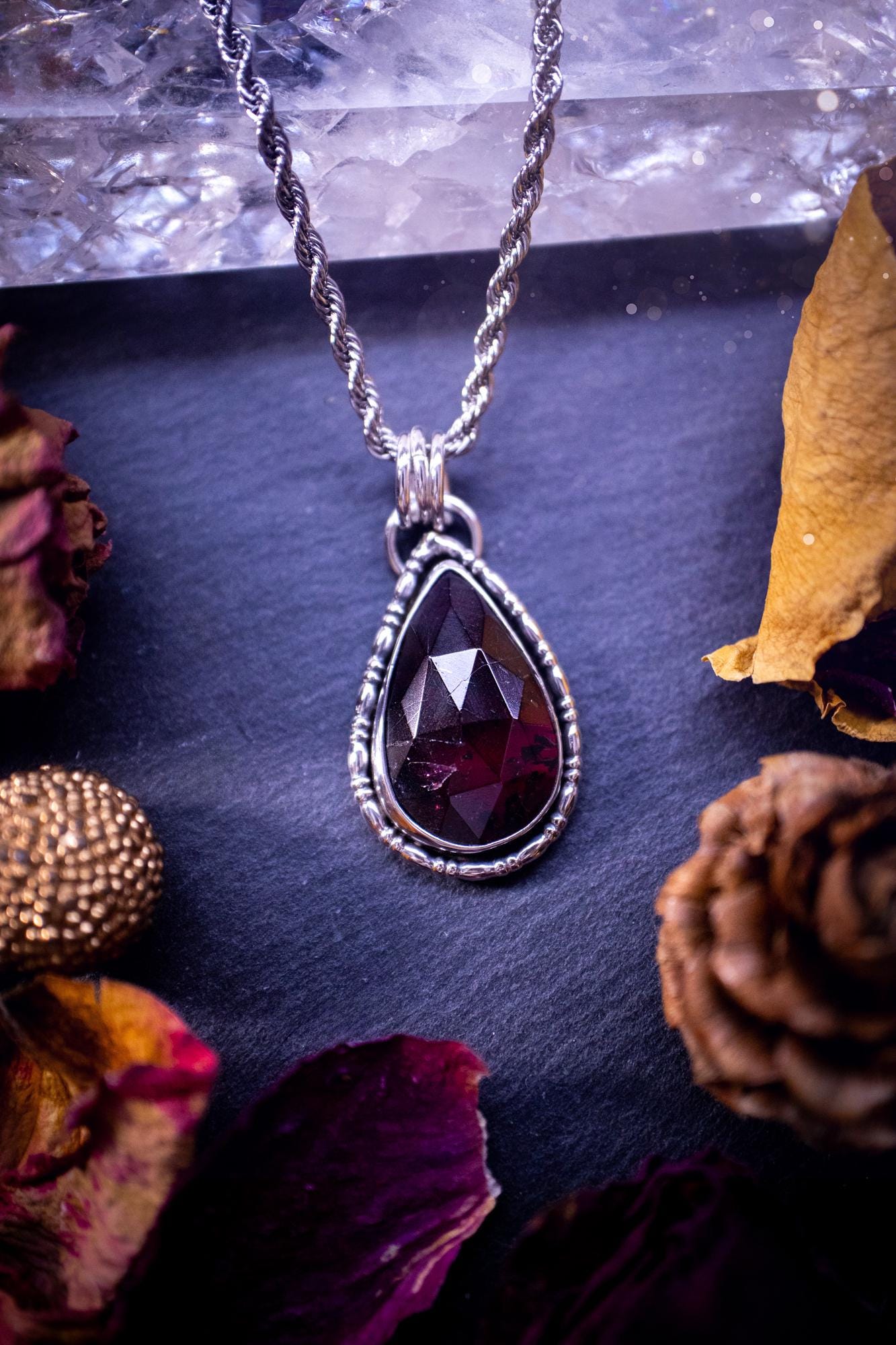 Handcrafted, one of a kind, sterling silver, garnet crystal pendant necklace. This necklace has been made using a beautiful rose cut garnet gemstone, with a minimal dainty design using recycled sterling silver. Ideal gift for crystal lovers. Gothic