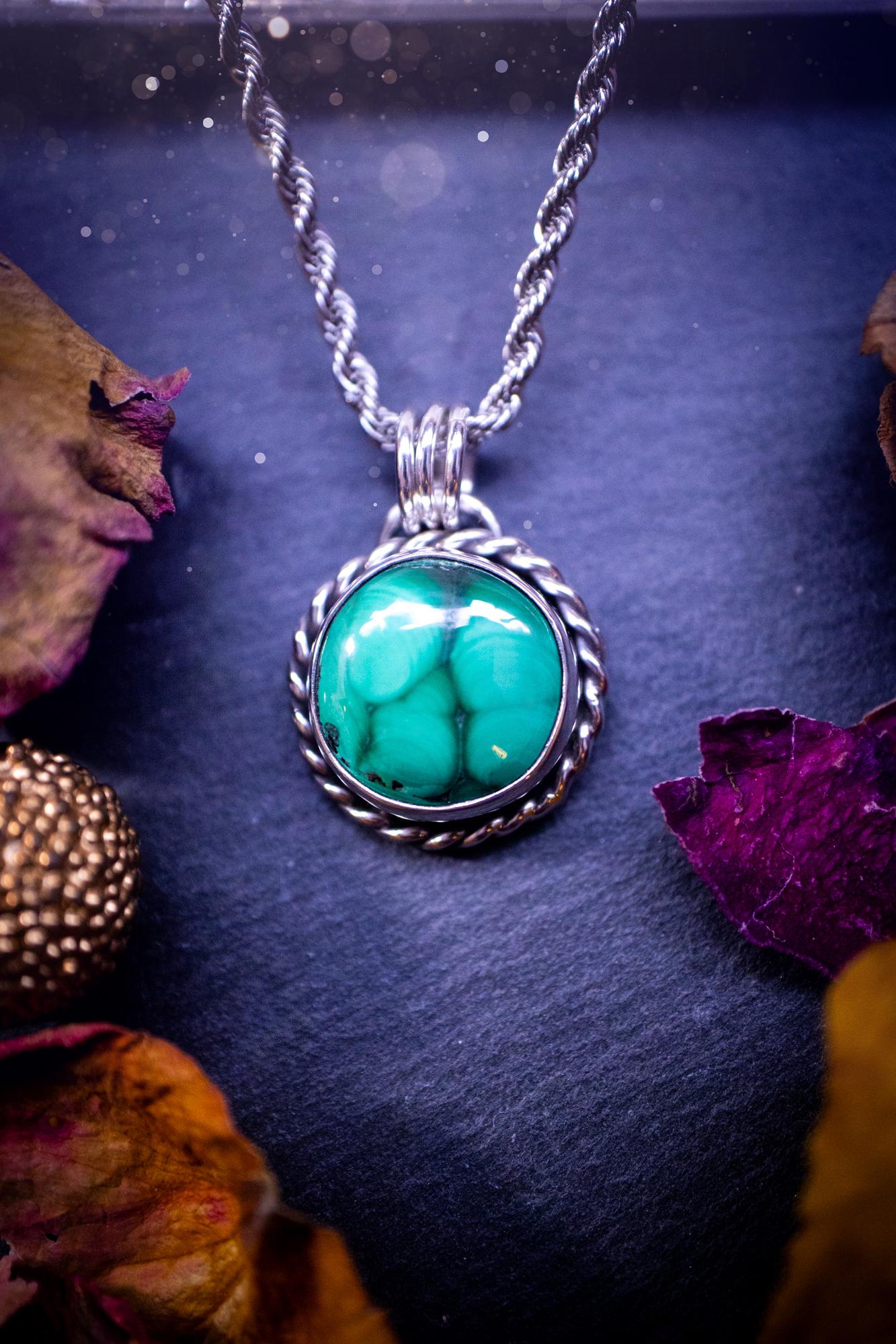 Beautifully handmade, dainty malachite sterling silver pendant necklace. This necklace features a high grade, round malachite crystal gem stone full of stunning pattern and hue. Ideal gift for crystal lovers and jewellery addicts. Gothic and hippy.