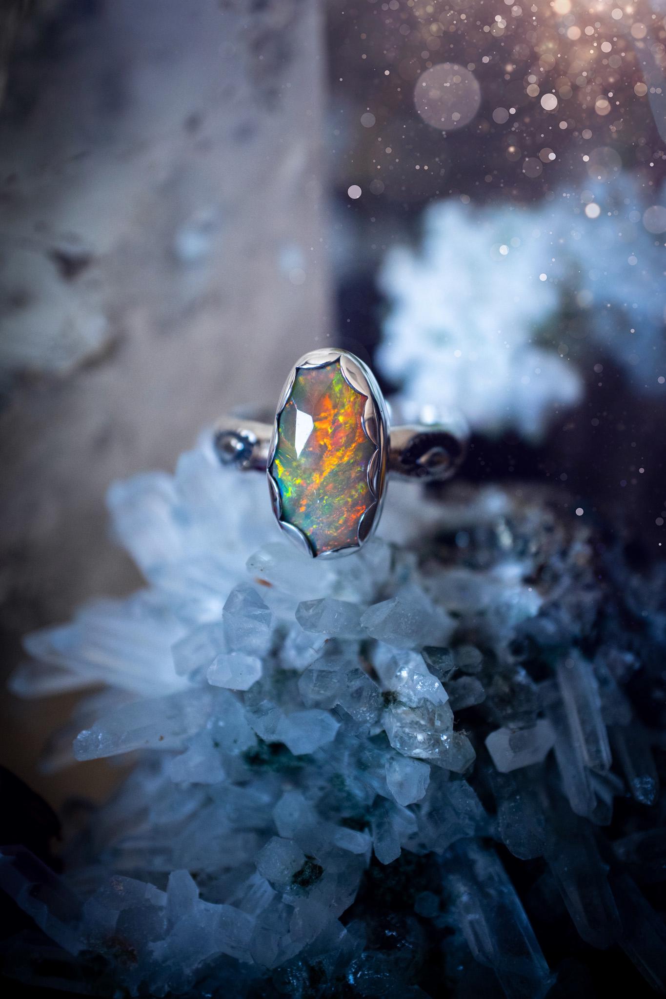 Handmade and beautiful, natural, Ethiopian welo opal, sterling silver stacking ring. This beautiful ring is a size O and features the most stunning sparkly opal. Made from recycled fine and sterling silver with a thick stamped ring shank. The ideal gift for any crystal or jewellery lover. Opal is the birthstone for October. Gothic and witchy jewellery, hippy and bohemian.