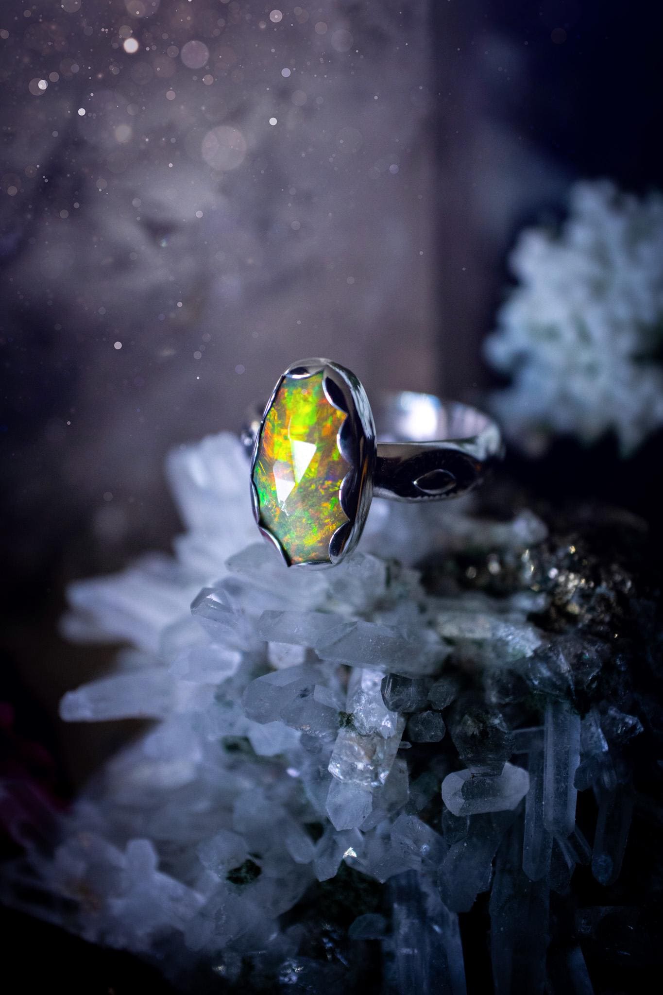 Handmade and beautiful, natural, Ethiopian welo opal, sterling silver stacking ring. This beautiful ring is a size O and features the most stunning sparkly opal. Made from recycled fine and sterling silver with a thick stamped ring shank. The ideal gift for any crystal or jewellery lover. Opal is the birthstone for October. Gothic and witchy jewellery, hippy and bohemian.
