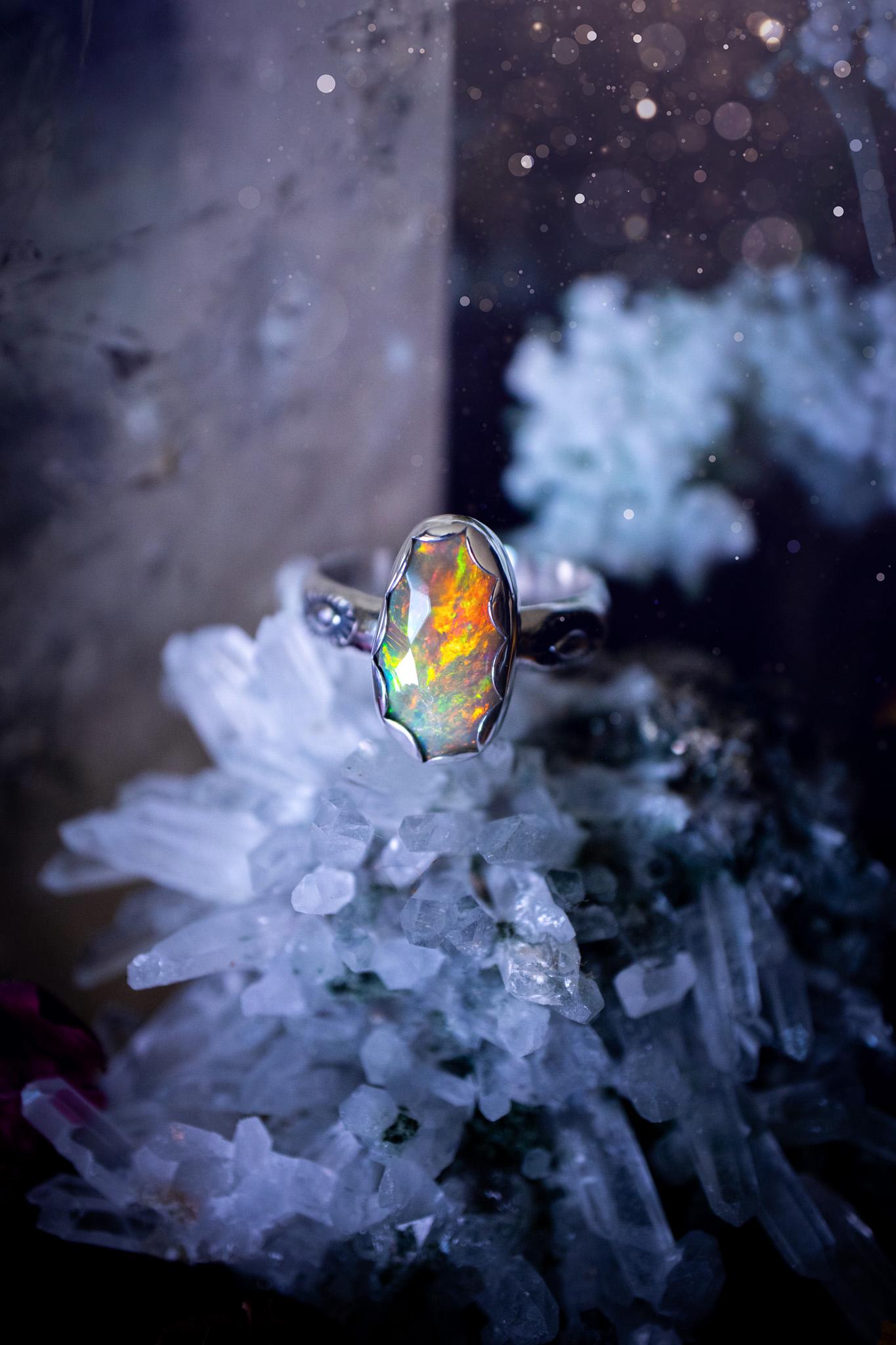 Handmade and beautiful, natural, Ethiopian welo opal, sterling silver stacking ring. This beautiful ring is a size O and features the most stunning sparkly opal. Made from recycled fine and sterling silver with a thick stamped ring shank. The ideal gift for any crystal or jewellery lover. Opal is the birthstone for October. Gothic and witchy jewellery, hippy and bohemian.
