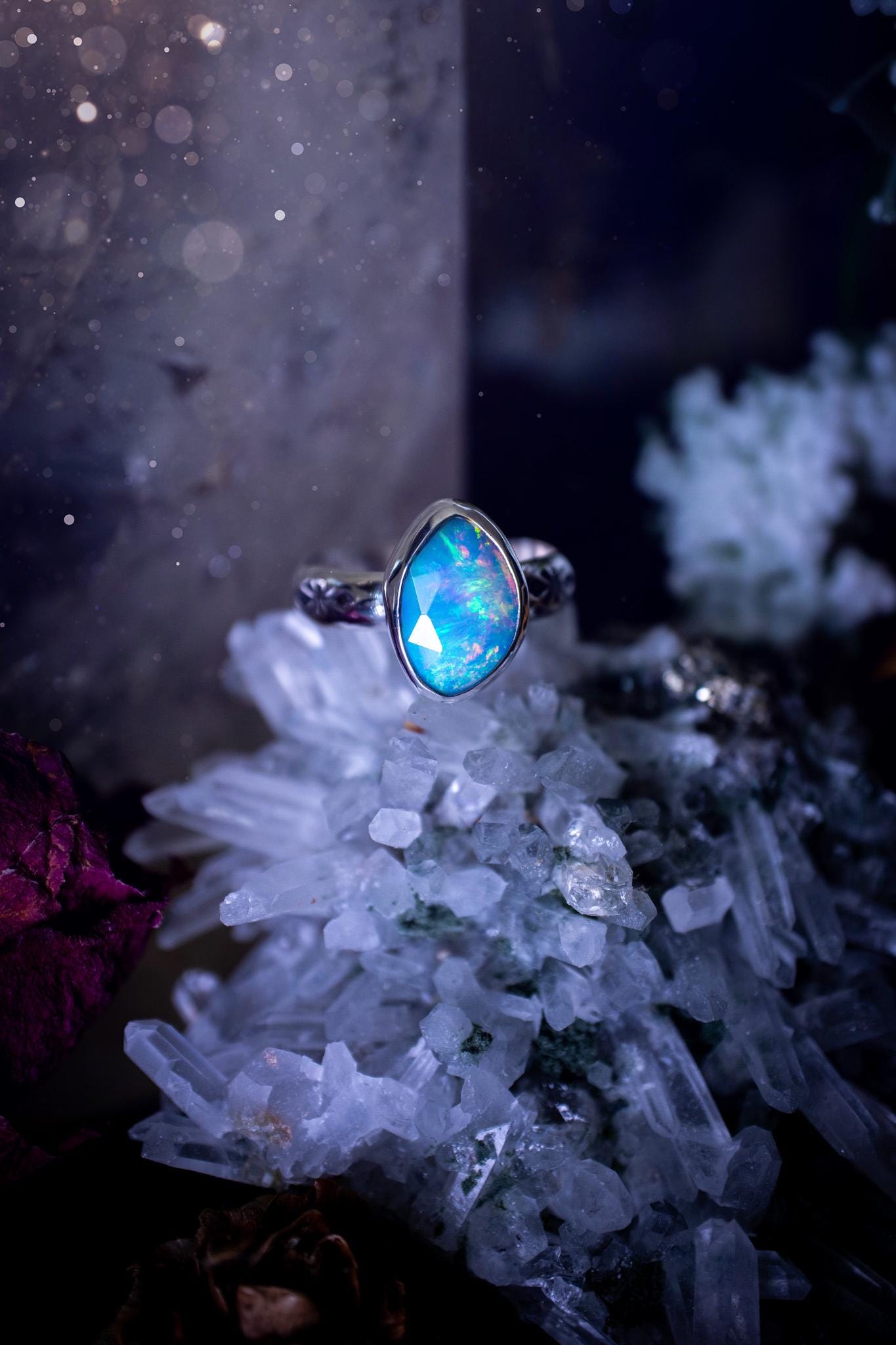 Handmade and beautiful, natural, Ethiopian welo opal, sterling silver stacking ring. This beautiful ring is a size O 1/2 and features the most stunning sparkly opal. Made from recycled fine and sterling silver with a thick stamped ring shank. The ideal gift for any crystal or jewellery lover. Opal is the birthstone for October. Gothic and witchy jewellery, hippy and bohemian.
