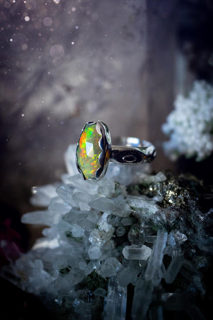 Handmade and beautiful, natural, Ethiopian welo opal, sterling silver stacking ring. This beautiful ring is a size O and features the most stunning sparkly opal. Made from recycled fine and sterling silver with a thick stamped ring shank. The ideal gift for any crystal or jewellery lover. Opal is the birthstone for October. Gothic and witchy jewellery, hippy and bohemian.