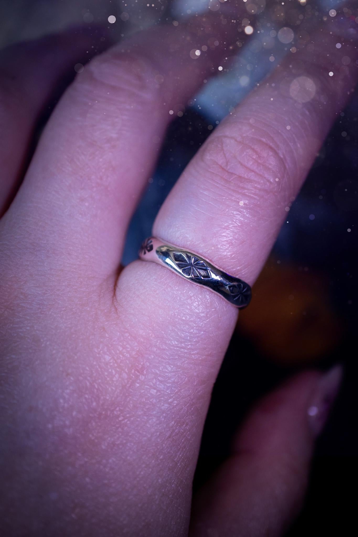 Handmade and unique, sterling silver, 4mm thick ring band. This beautiful ring band features a unique, gothic stamp design which has been polished to a high finish. Made to oder in your required size. A lovely little stacking ring ideal for gifting to a loved one or to keep for yourself. Ideal for birthdays, anniversaries, graduations and more. Bohemian and hippy jewellery.