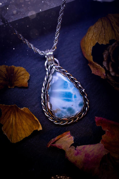 Unique and handmade, larimar pendant necklace. This Pendant has been made from recycled fine and sterling silver and features scallop and twisted wire detail around the crystal. The larimar is A grade quality and would make the ideal gift for jewellery and crystal lovers. A crystal just like the ocean