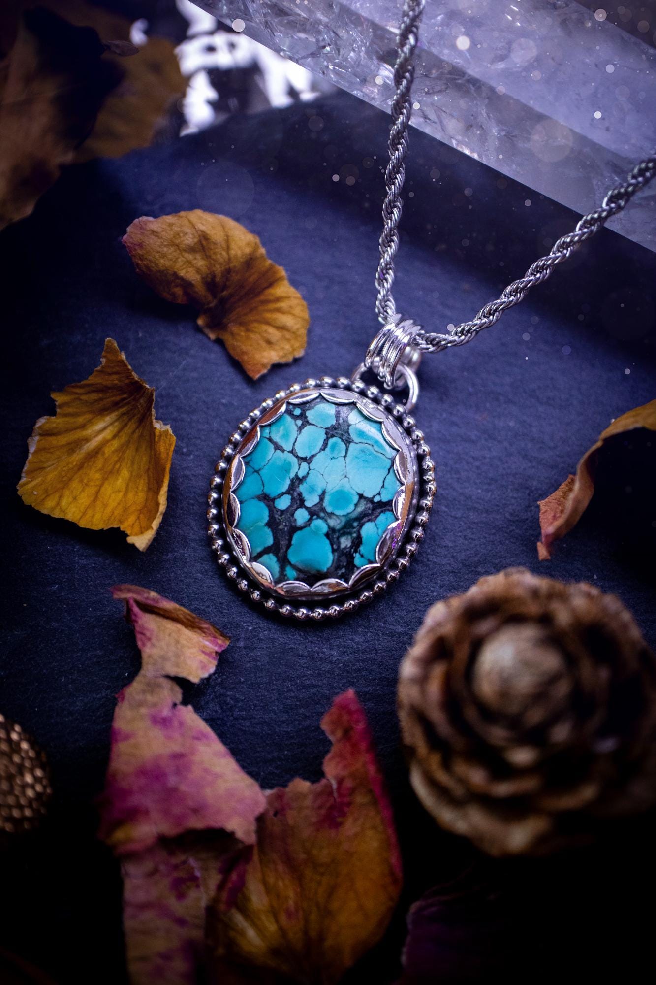 Unique and handmade, turquoise crystal pendant necklace. This Pendant has been made from recycled fine and sterling silver and features scallop and beaded wire detail around the crystal. The turquoise is A grade quality and would make the ideal gift for jewellery and crystal lovers. A crystal just like the ocean