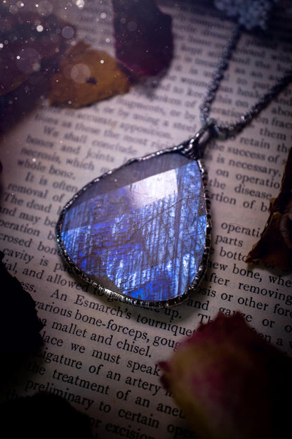 Handmade, rose cut belomorite moonstone, soft soldered pendant necklace - crystal jewellery gifts for her