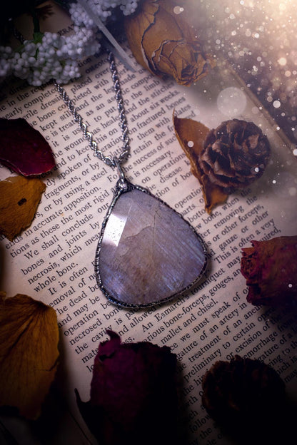 Handmade, rose cut belomorite moonstone, soft soldered pendant necklace - crystal jewellery gifts for her