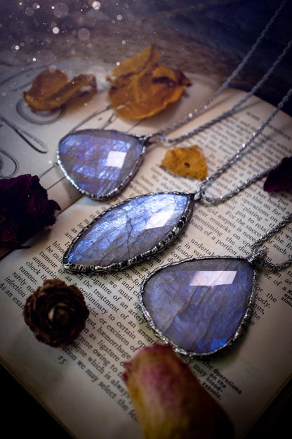 Handmade, rose cut belomorite moonstone, soft soldered pendant necklace - crystal jewellery gifts for her