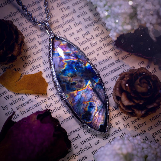 Handmade flashy purple, blue and silver, multi-flash labradorite spectrolite soft soldered pendant - witchy jewellery, gothic style