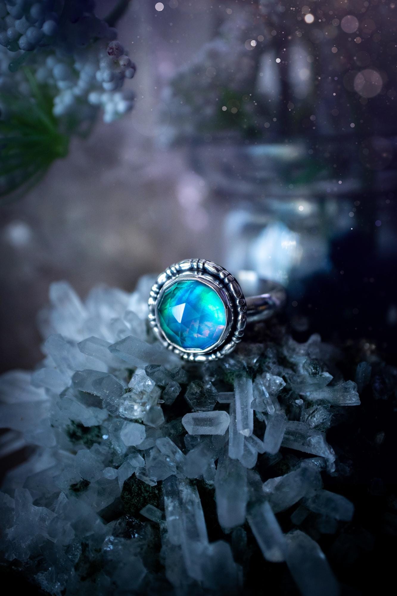 Beautiful and handmade, aurora synthetic opal, sterling silver bespoke ring. This ring has been handmade using a mix of recycled fine and sterling silver. Featuring a beautiful multi flash aurora opal that is full of blue, greens and pink hues depending on the angle. The stone is also rose cut and has a lovely sparkle. This piece is ideal for any jewellery or crystal lover and is full of witchy and hippy vibes! A beautiful mini statement ring for anyone&#39;s collection.