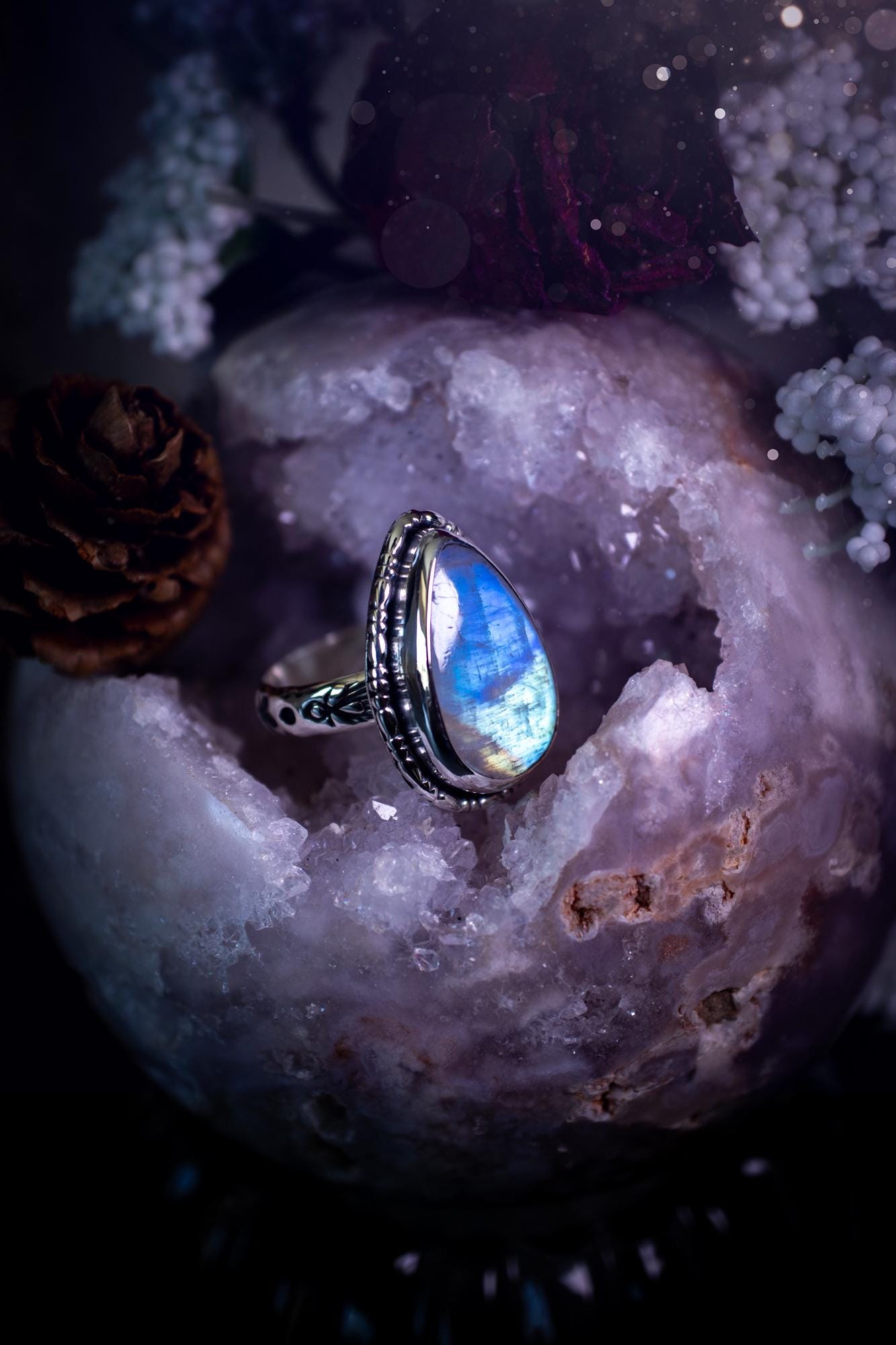 Bespoke and unique, rainbow moonstone sterling silver, mini statement ring - Crystal and jewellery gifts