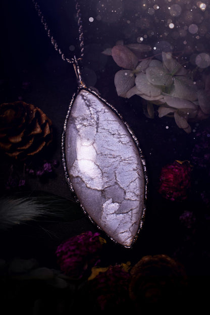 Handmade and beautiful, flashy, grey, soft soldered pendant necklace. This pendant necklace features the most gorgeous and flashy grey moonstone crystal, full of glittery shimmer and a deep lovely silvery grey hue. Handcrafted using the soft solder method, also known as the tiffany technique, an ancient technique used to created stained glass windows. The solder used is lead free and totally safe to wear, it contains elements of silver and polishes up to a high lustre. Gothic witchy jewellery