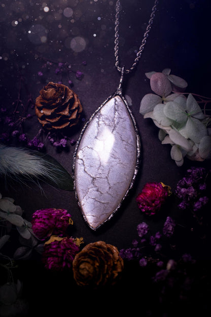 Handmade and beautiful, flashy, grey, soft soldered pendant necklace. This pendant necklace features the most gorgeous and flashy grey moonstone crystal, full of glittery shimmer and a deep lovely silvery grey hue. Handcrafted using the soft solder method, also known as the tiffany technique, an ancient technique used to created stained glass windows. The solder used is lead free and totally safe to wear, it contains elements of silver and polishes up to a high lustre. Gothic witchy jewellery