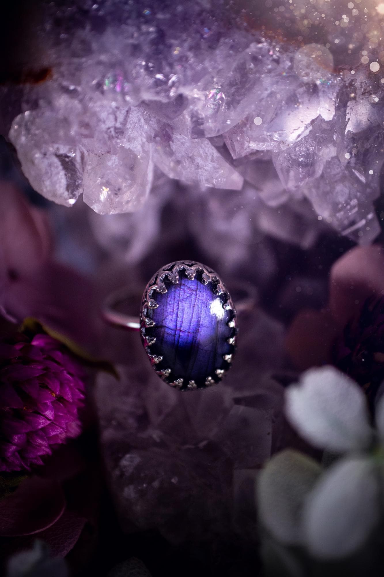 Handmade and gothic, deep purple labradorite, sterling silver ring - Jewellery crystal gifts