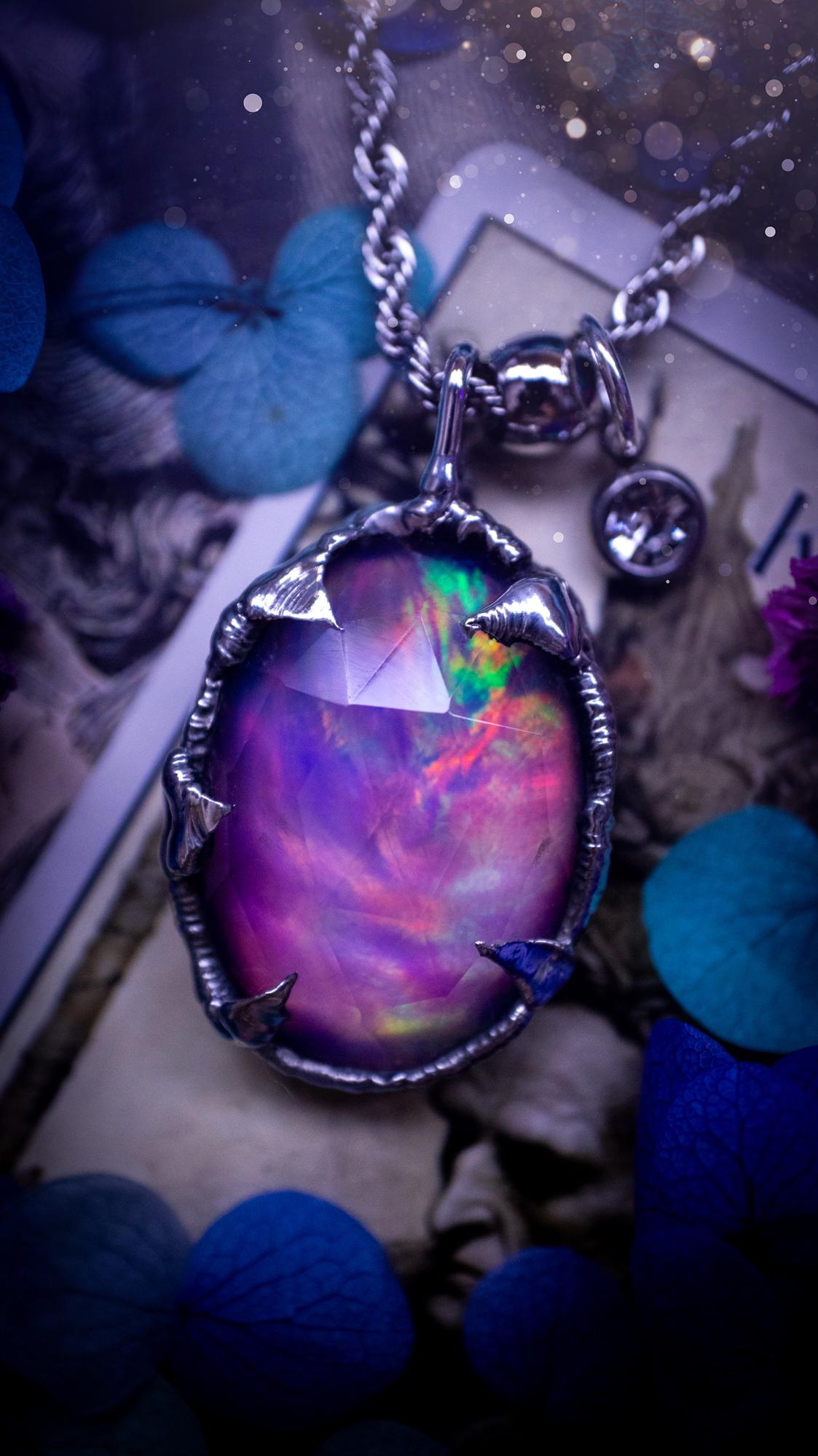 Witchy, soft soldered, pink, orange and green aurora opal pendant necklace - Gothic Jewellery gifts