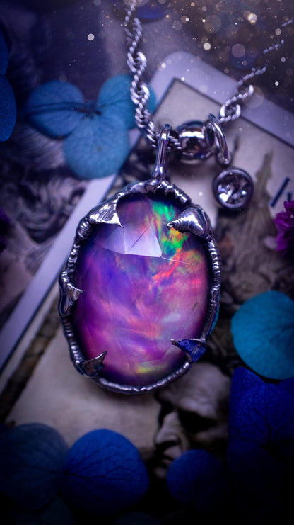 Witchy, soft soldered, pink, orange and green aurora opal pendant necklace - Gothic Jewellery gifts