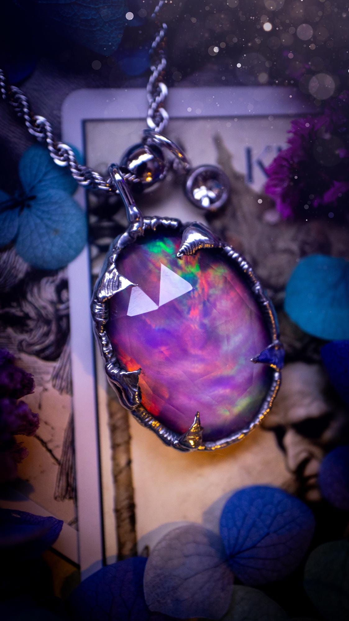 Witchy, soft soldered, pink, orange and green aurora opal pendant necklace - Gothic Jewellery gifts