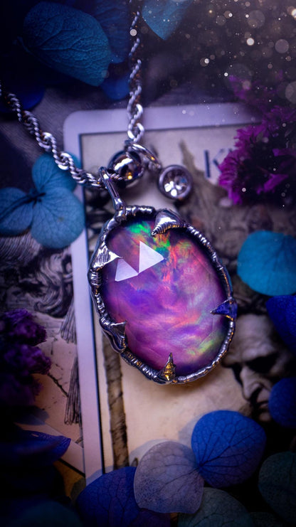 Witchy, soft soldered, pink, orange and green aurora opal pendant necklace - Gothic Jewellery gifts