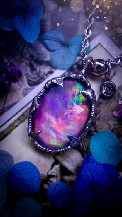 Witchy, soft soldered, pink, orange and green aurora opal pendant necklace - Gothic Jewellery gifts
