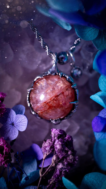 Handmade and bespoke fire quartz sphere soft solder pendant necklace. This unique pendant necklace has a stunning fire quarts crystal that is full of inclusions and little rainbows! Handcrafted using the soft solder method with lead free solder containing mixed metals and silver. The piece has then been polished to a high shine lustre. This pendant is such a bespoke piece and would be ideal for any crystal and jewellery lover. Can be worn both ways. Gothic, witchy and hippy soul jewellery