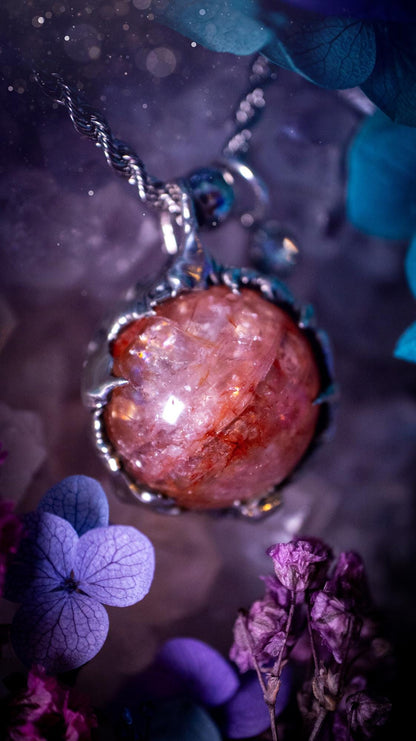 Handmade and bespoke fire quartz sphere soft solder pendant necklace. This unique pendant necklace has a stunning fire quarts crystal that is full of inclusions and little rainbows! Handcrafted using the soft solder method with lead free solder containing mixed metals and silver. The piece has then been polished to a high shine lustre. This pendant is such a bespoke piece and would be ideal for any crystal and jewellery lover. Can be worn both ways. Gothic, witchy and hippy soul jewellery