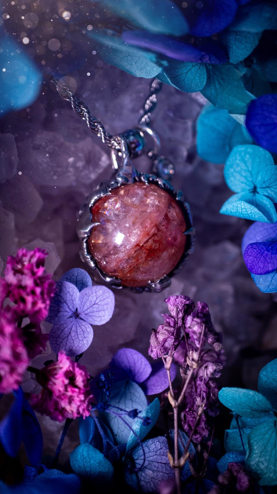 Handmade and bespoke fire quartz sphere soft solder pendant necklace. This unique pendant necklace has a stunning fire quarts crystal that is full of inclusions and little rainbows! Handcrafted using the soft solder method with lead free solder containing mixed metals and silver. The piece has then been polished to a high shine lustre. This pendant is such a bespoke piece and would be ideal for any crystal and jewellery lover. Can be worn both ways. Gothic, witchy and hippy soul jewellery