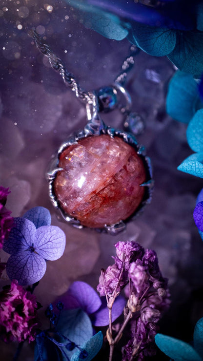 Handmade and bespoke fire quartz sphere soft solder pendant necklace. This unique pendant necklace has a stunning fire quarts crystal that is full of inclusions and little rainbows! Handcrafted using the soft solder method with lead free solder containing mixed metals and silver. The piece has then been polished to a high shine lustre. This pendant is such a bespoke piece and would be ideal for any crystal and jewellery lover. Can be worn both ways. Gothic, witchy and hippy soul jewellery