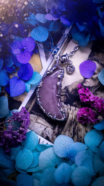 Beautifully bespoke and handcrafted, rose quartz, soft soldered moon pendant necklace. This necklace has been handmade using the soft solder method with lead free solder with mix metals including silver. Featuring a gorgeous rose quartz moon that is a dusty pink colour. This piece is very unique and comes with its own little cubic zirconia charm. This pendant necklace would be suitable for anyone who loves crystals and jewellery, and that also loves a gothic and witchy vibe! Total soul jewellery