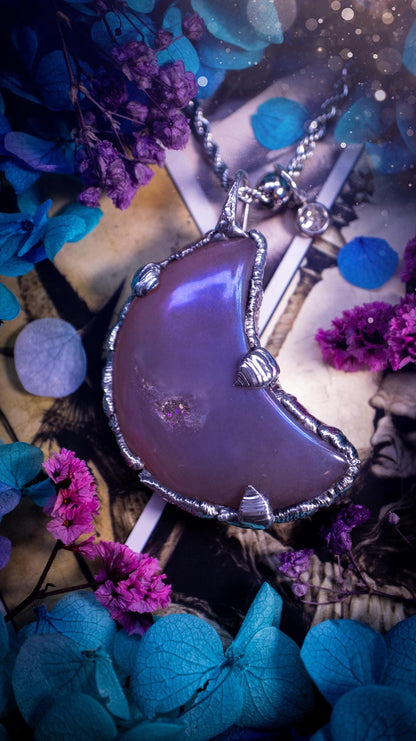 Beautifully bespoke, aurora coated agate, soft soldered moon pendant necklace. This necklace has been handmade using the soft solder method with lead free solder with mix metals including silver. Featuring a gorgeous aurora coated agate moon with a sparkly druzy pocket. This piece is very unique and comes with its own little cubic zirconia charm. This pendant necklace would be suitable for anyone who loves crystals and jewellery, and that also loves a gothic and witchy vibe! Total soul jewellery