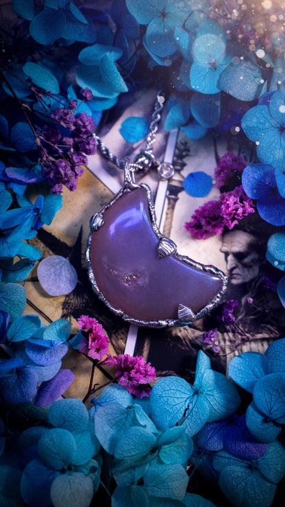Beautifully bespoke, aurora coated agate, soft soldered moon pendant necklace. This necklace has been handmade using the soft solder method with lead free solder with mix metals including silver. Featuring a gorgeous aurora coated agate moon with a sparkly druzy pocket. This piece is very unique and comes with its own little cubic zirconia charm. This pendant necklace would be suitable for anyone who loves crystals and jewellery, and that also loves a gothic and witchy vibe! Total soul jewellery
