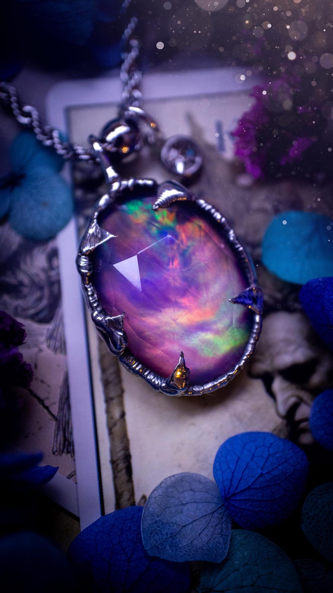 Witchy, soft soldered, pink, orange and green aurora opal pendant necklace - Gothic Jewellery gifts