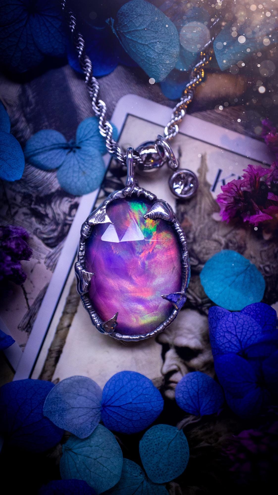 Witchy, soft soldered, pink, orange and green aurora opal pendant necklace - Gothic Jewellery gifts