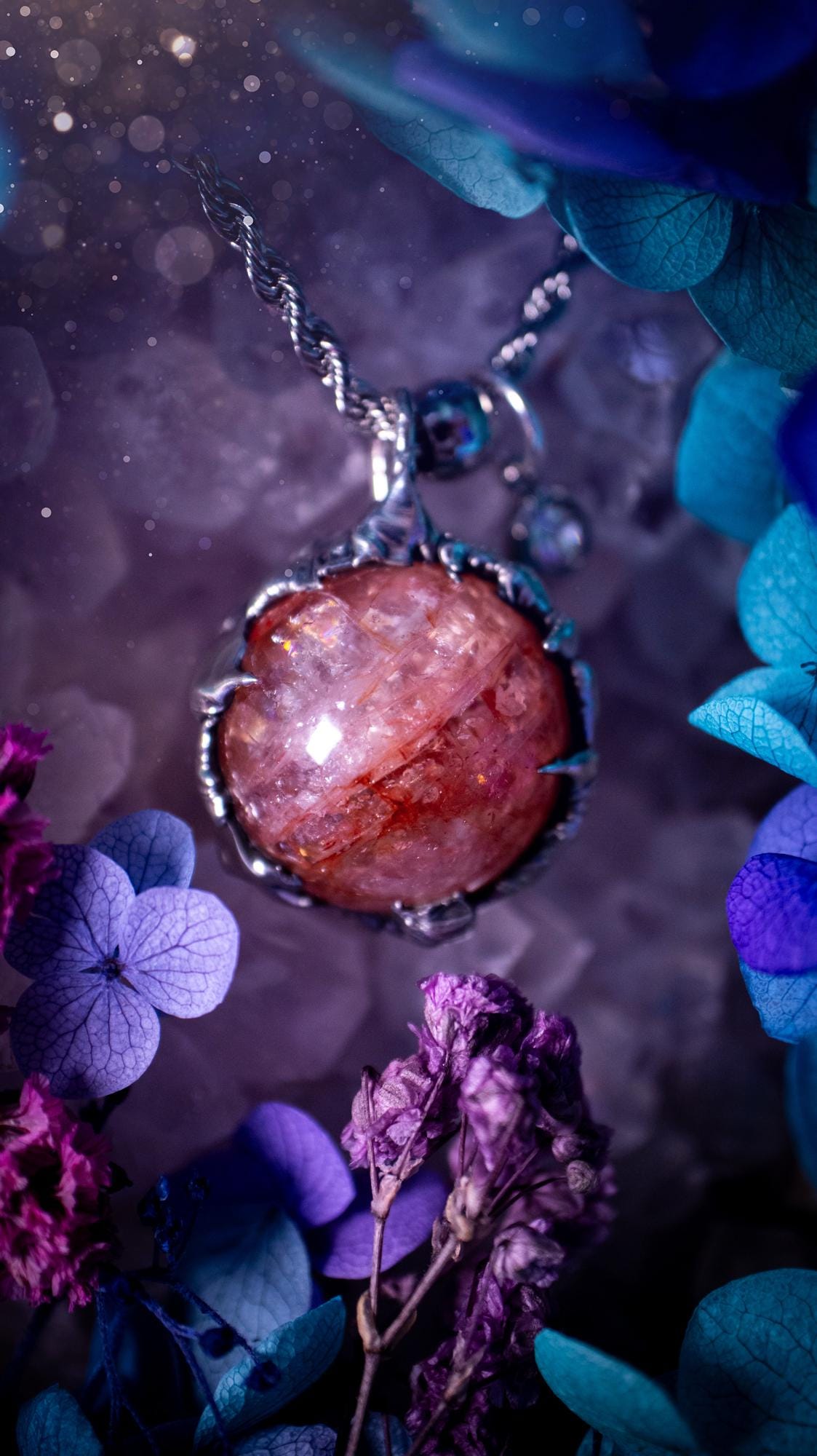 Handmade and bespoke fire quartz sphere soft solder pendant necklace. This unique pendant necklace has a stunning fire quarts crystal that is full of inclusions and little rainbows! Handcrafted using the soft solder method with lead free solder containing mixed metals and silver. The piece has then been polished to a high shine lustre. This pendant is such a bespoke piece and would be ideal for any crystal and jewellery lover. Can be worn both ways. Gothic, witchy and hippy soul jewellery