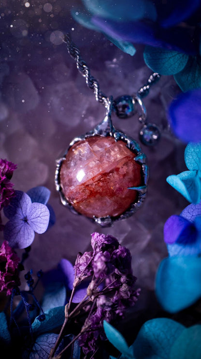 Handmade and bespoke fire quartz sphere soft solder pendant necklace. This unique pendant necklace has a stunning fire quarts crystal that is full of inclusions and little rainbows! Handcrafted using the soft solder method with lead free solder containing mixed metals and silver. The piece has then been polished to a high shine lustre. This pendant is such a bespoke piece and would be ideal for any crystal and jewellery lover. Can be worn both ways. Gothic, witchy and hippy soul jewellery