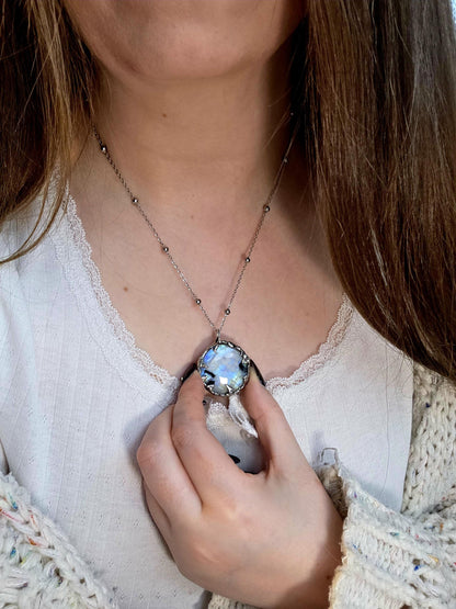 Handmade, flashy rainbow moonstone, soft soldered pendant necklace - gothic crystal jewellery gifts