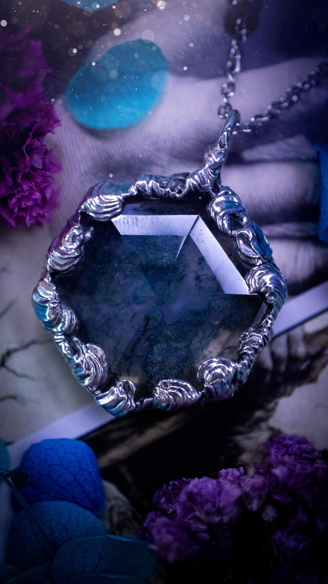 Absolutely stunning, and totally unique, moss agate crystal, soft soldered pendant necklace. This beautiful pendant features a very high quality moss agate crystal that has beautiful mossy definition and patterns. The crystal looks like it has a little forest captured inside. This pendant has been made using the soft solder method also known as the tiffany technique. This piece of jewellery would be ideal for any jewellery or crystal lover and is full of hippy, gothic and witchy goodness!