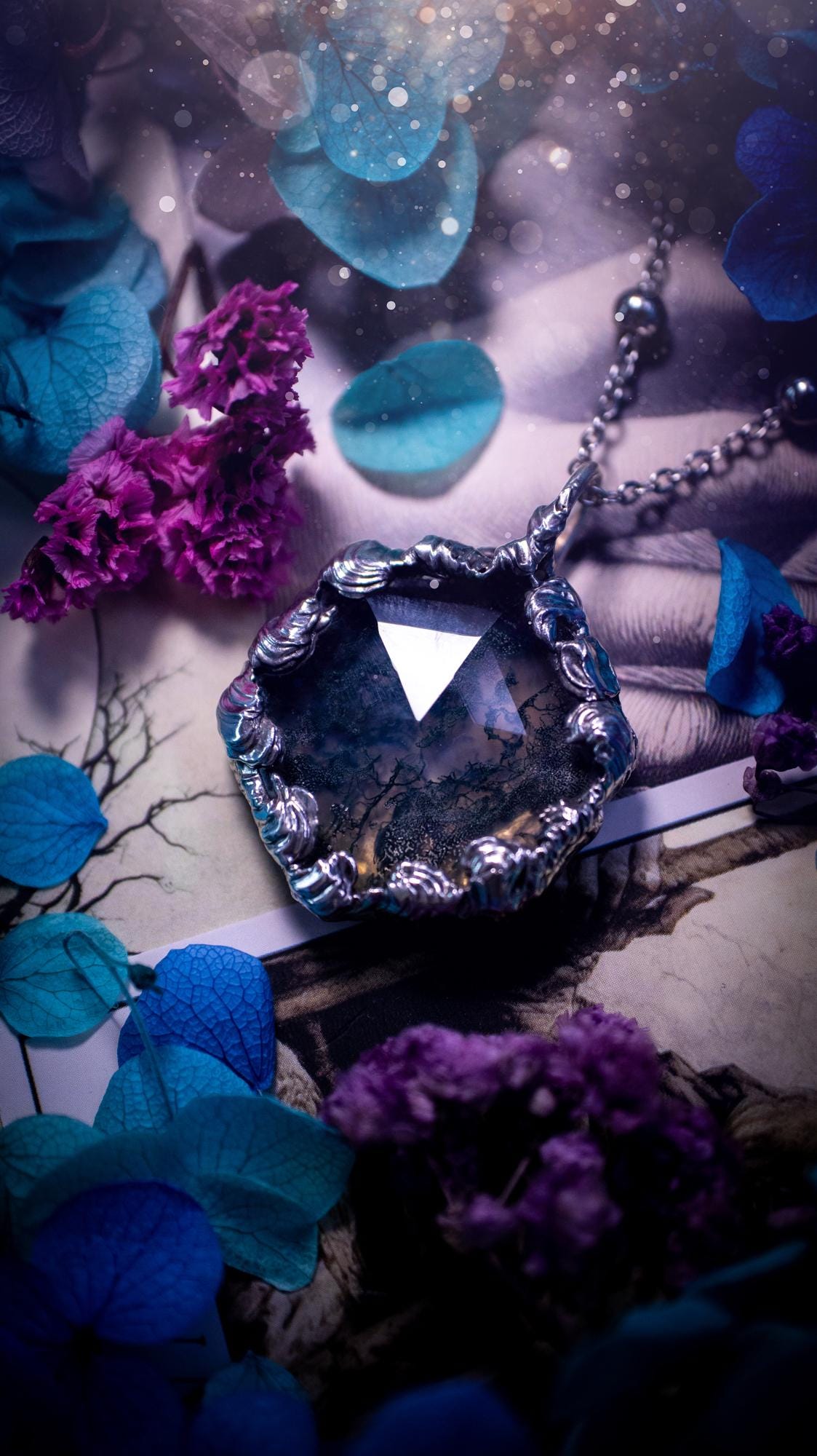 Absolutely stunning, and totally unique, moss agate crystal, soft soldered pendant necklace. This beautiful pendant features a very high quality moss agate crystal that has beautiful mossy definition and patterns. The crystal looks like it has a little forest captured inside. This pendant has been made using the soft solder method also known as the tiffany technique. This piece of jewellery would be ideal for any jewellery or crystal lover and is full of hippy, gothic and witchy goodness!